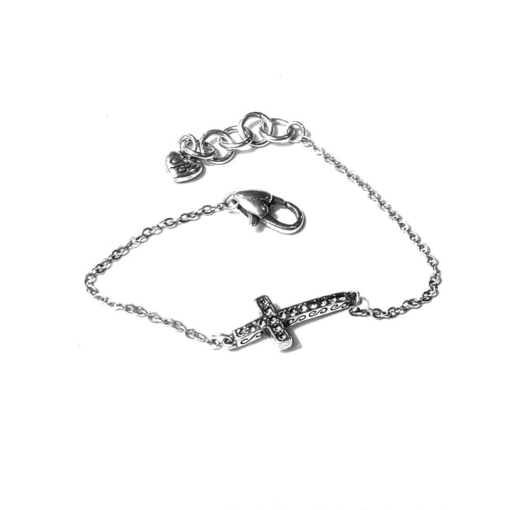 Brighton Dainty Swarovski Crystal Silver Scrolled Cross Charm‎ Bracelet